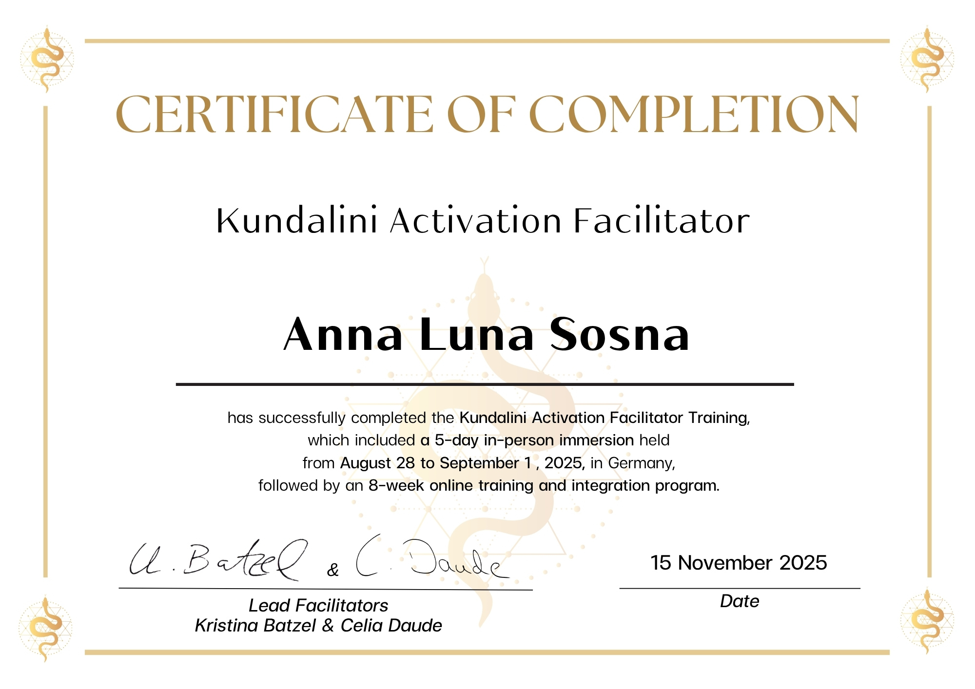 Kundalini Activation Facilitator Certificate — Anna Luna Sosna